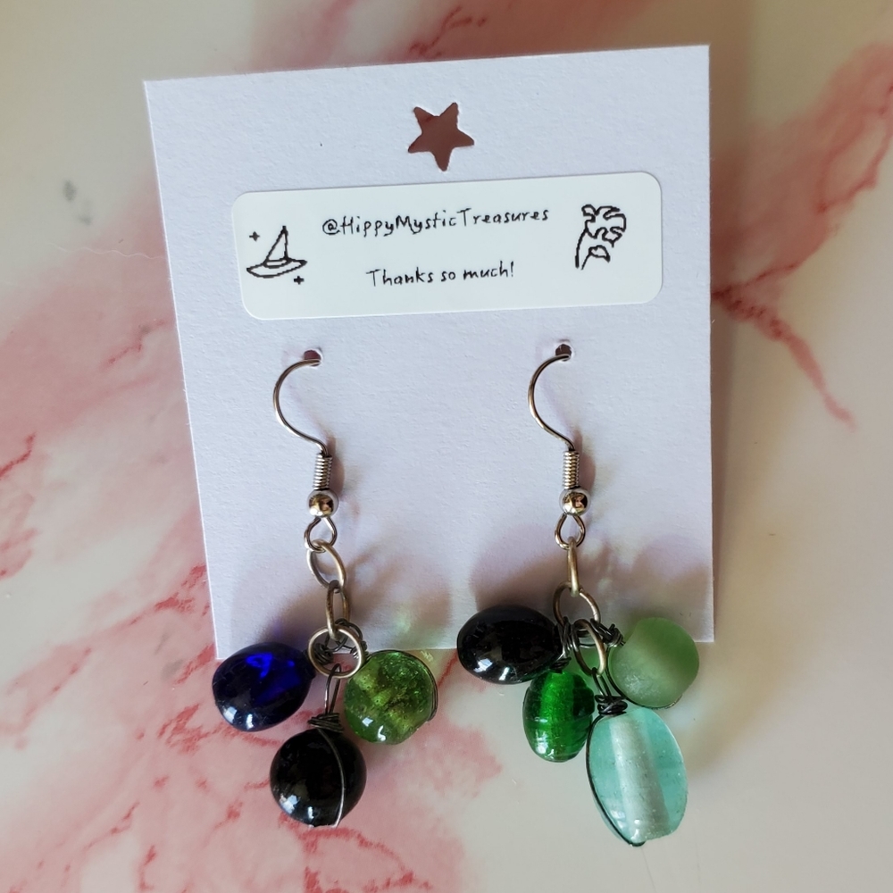 Black, Green, & Blue  Beaded Drop Earrings